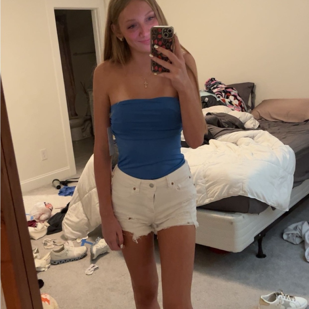 Blue Strapless Top and White Denim Shorts